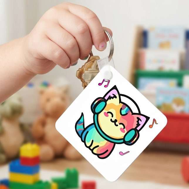 Chaveiro Gato Cartoon Kawaii Sorridente Feliz com Fones de  (Happy Smiling Kawaii Cartoon Cat with Headphones. Keychain)
