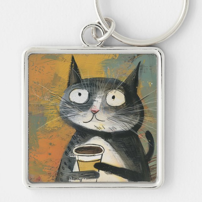 Chaveiro Gato Cinza com Café em Ocre (Frente)
