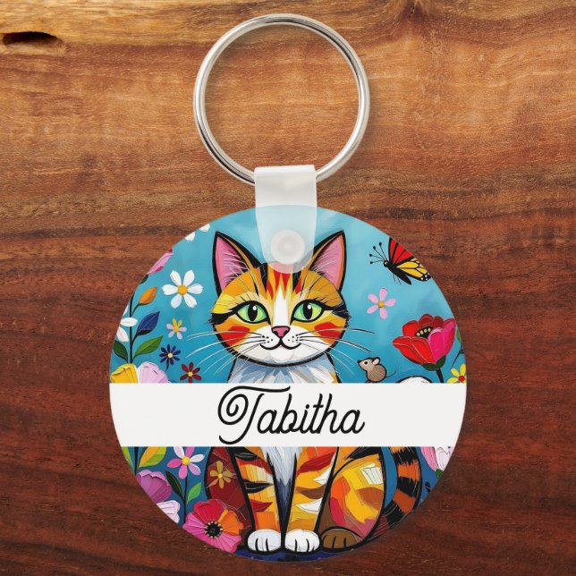Chaveiro Gato Colorido e Borboleta Personalizado (Frente)