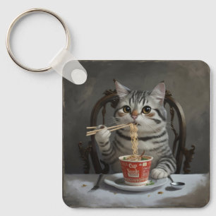 Chaveiro Gato com Gato Lançado, Gozando De Noodles De Taça