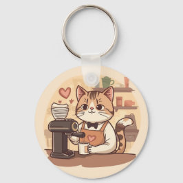 Chaveiro Gato de barista de desenho animado fofo e engraçad