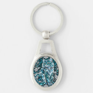 Chaveiro Gato de Cristal Turquesa de Luxo Moldura de Prat
