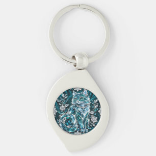 Chaveiro Gato de Cristal Turquesa de Luxo Moldura de Prat