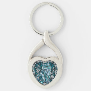 Chaveiro Gato de Cristal Turquesa de Luxo Moldura de Prat