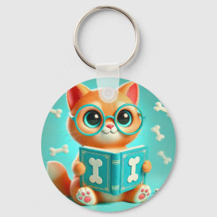Chaveiro Gato de Desenho Animado Adorável Lendo um Livro