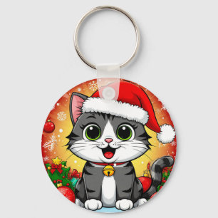 Chaveiro Gato de desenho animado em chapéu de Papai Noel co