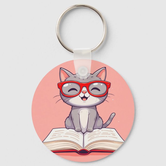 Chaveiro Gato de desenho animado fofo usando óculos (Frente)