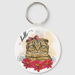 Chaveiro Gato de desenho manual escocês dobrado com flores