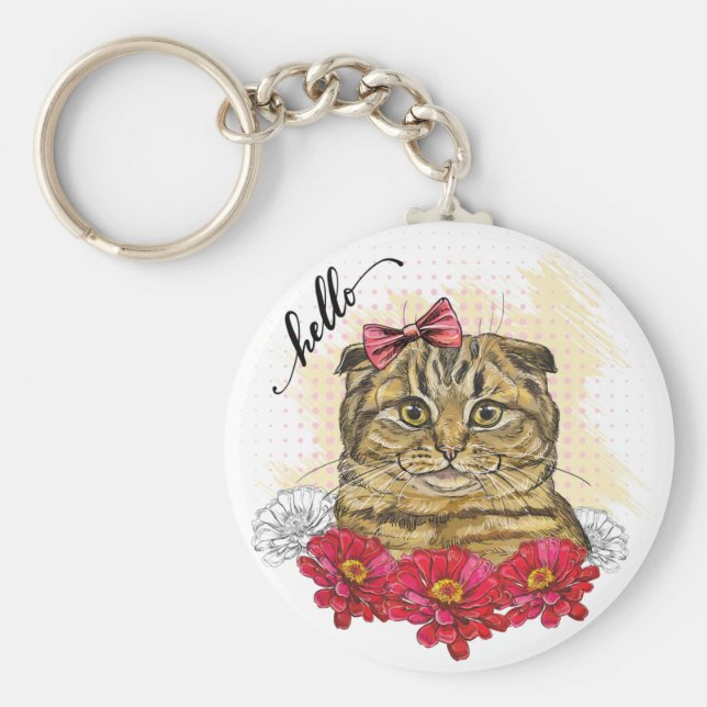 Chaveiro Gato de desenho manual escocês dobrado com flores  (Frente)