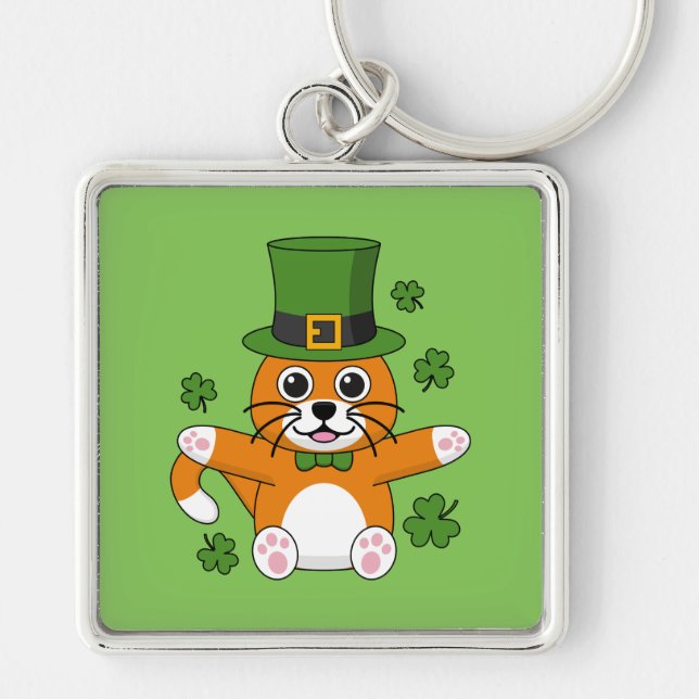 Chaveiro Gato de Dia de São Patrício bonitinho com Cartogra (Frente)