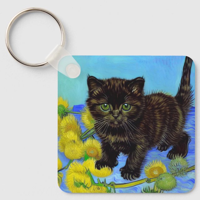 Chaveiro Gato de estilo Van Gogh com Sunflower (Frente)