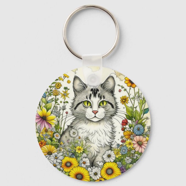 Chaveiro Gato de Gatinho Personalizado Sentado em Flores (Frente)