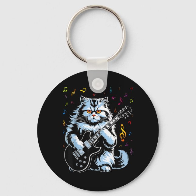 Chaveiro Gato de Guitarra Engraçado Tocando Rock (Frente)