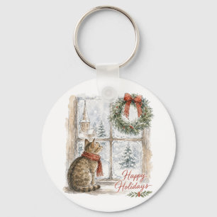 Chaveiro Gato de Natal na Janela com Coroa