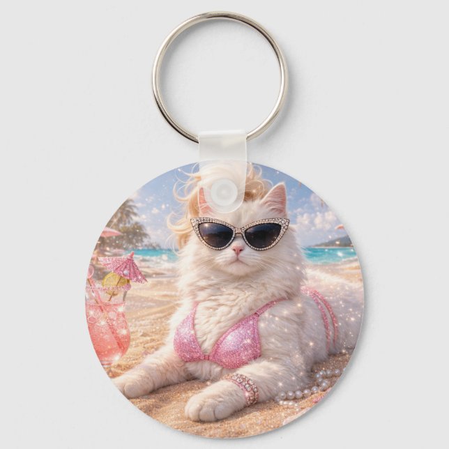 Chaveiro Gato de Praia Glamouroso com Óculos de Sol (Frente)