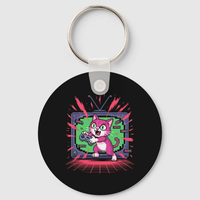 Chaveiro Gato de Raiva de Pixel Retro Gamer Glitch em Estil (Frente)