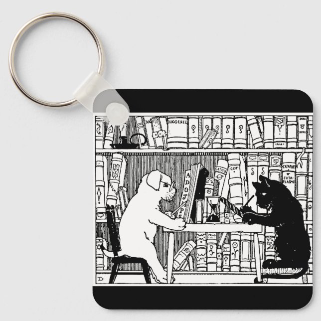 Chaveiro Gato e Cachorro Vintage Biblioteca Literária  (Frente)