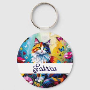 Chaveiro Gato e Flores Coloridos e com Impasto Bonito