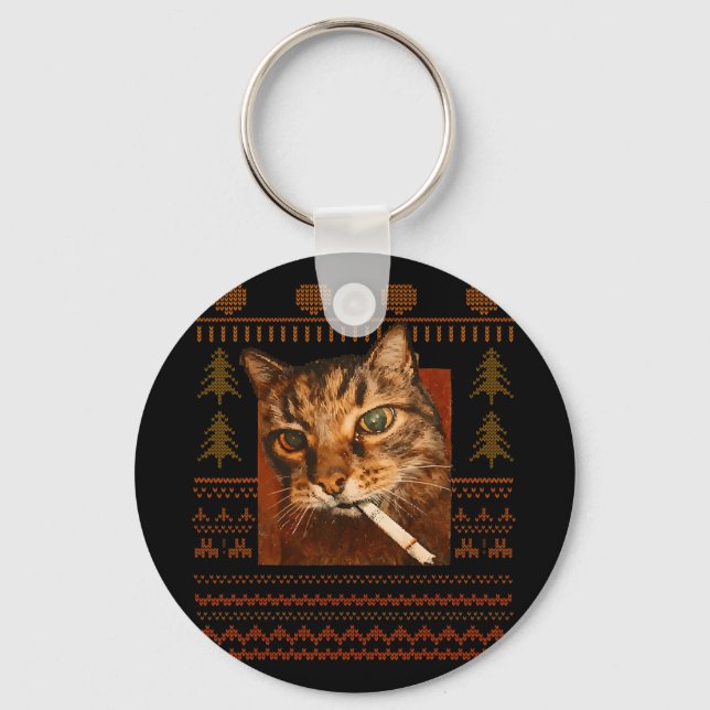 Chaveiro Gato Engraçado Fumando Meme Natal Feio Para Homens (Frente)