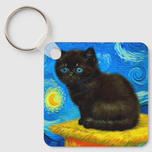 Chaveiro Gato Estrela Noturna no Estilo de Van Gogh