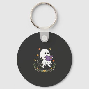 Chaveiro Gato Fantasma de Halloween Lendo Livro Floral Desi