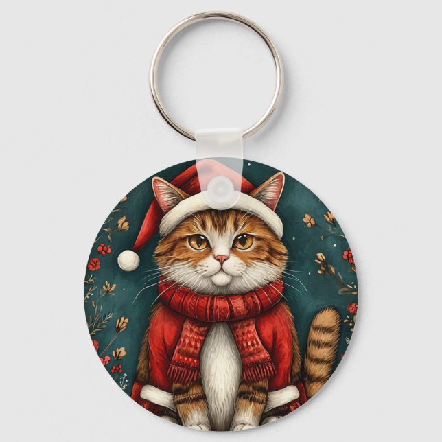 Chaveiro Gato Festivo Vestindo Santa Hat e Scarf (Frente)