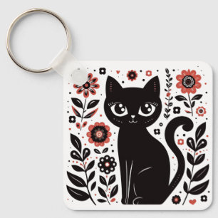 Chaveiro Gato Floral Preto com Olhos Grandes
