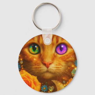 Chaveiro Gato Floral Sonho Místico com Olhos de Arco-íris