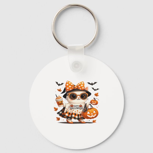 Chaveiro Gato fofo de Halloween � Kawaii Witch Kitty com ab (Frente)
