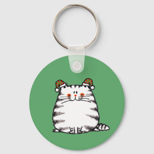 Chaveiro Gato Fofo e Gorducho com Dois Chapéus de Natal