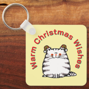 Chaveiro Gato Fofo e Gorducho com Dois Chapéus de Natal Des