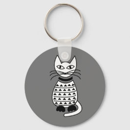 Chaveiro Gato Geométrico de Abstrato Branco e Preto