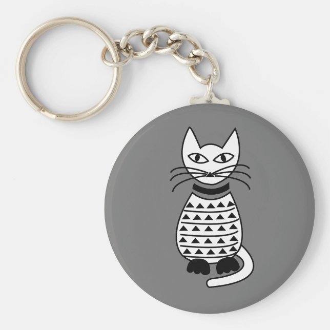 Chaveiro Gato Geométrico de Abstrato Branco e Preto (Frente)