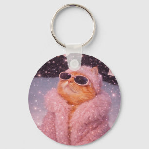 Chaveiro Gato Glam Money com Casaco de Pelúcia Rosa e Óculo