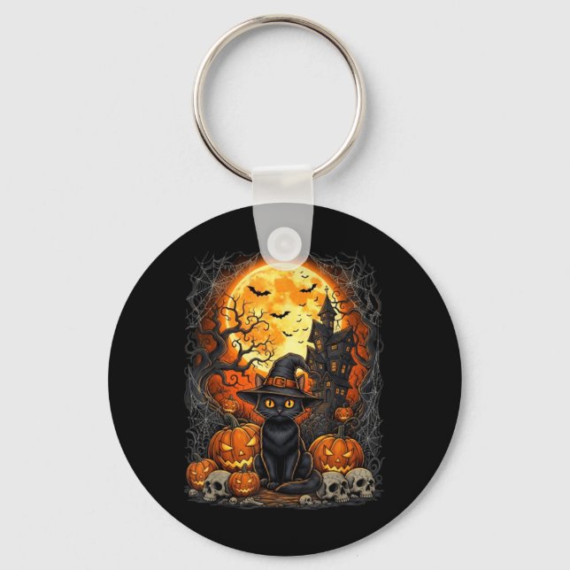 Chaveiro Gato Halloween Abóbora Preto (Frente)