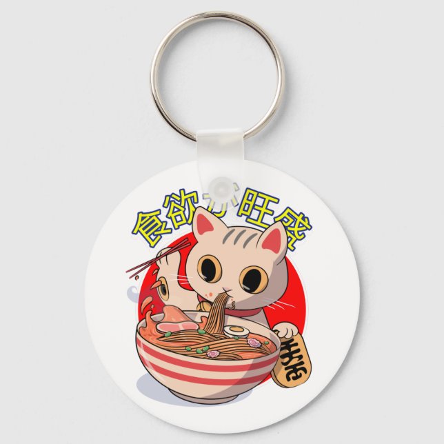 Chaveiro Gato Japonês Fofo Comendo Macarrão com Hashis (Frente)