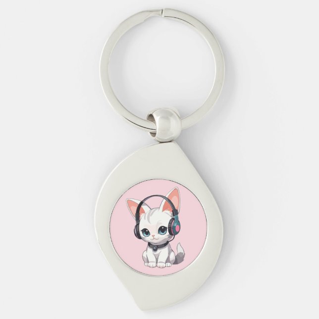 Chaveiro Gato Kawaii com Fones de Ouvido da Moda (Frente)