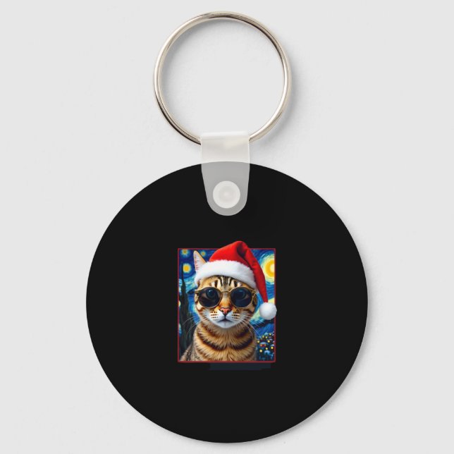 Chaveiro Gato Laranja Tabby da Noite Estrelada no Natal (Frente)