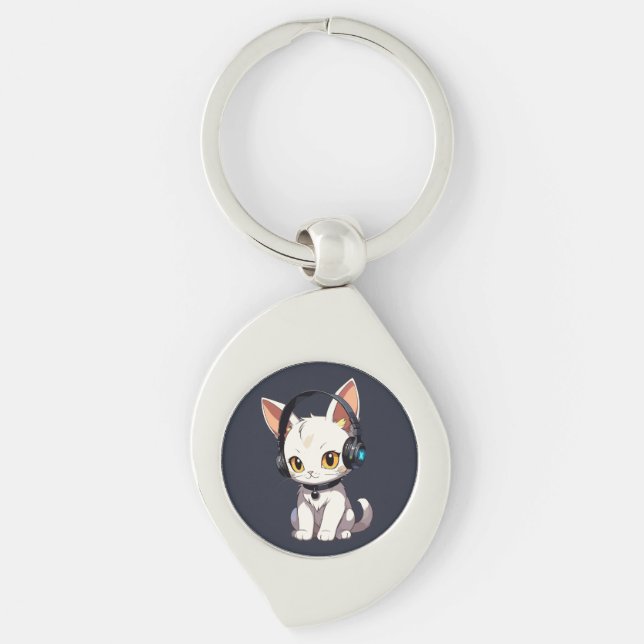 Chaveiro Gato na moda charmoso em Fones de ouvido (Frente)