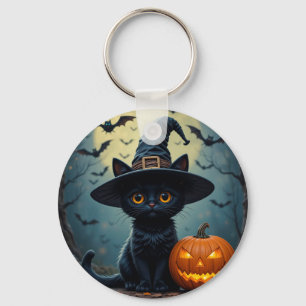 Chaveiro Gato Negro Adorável Vestindo Chapéu de Bruxa