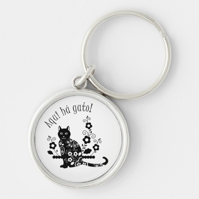Chaveiro Gato negro com flores e expressão portuguesa (Frente)