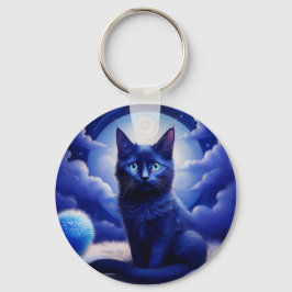Chaveiro Gato Negro Contra Fundo De Uma Lua Azul