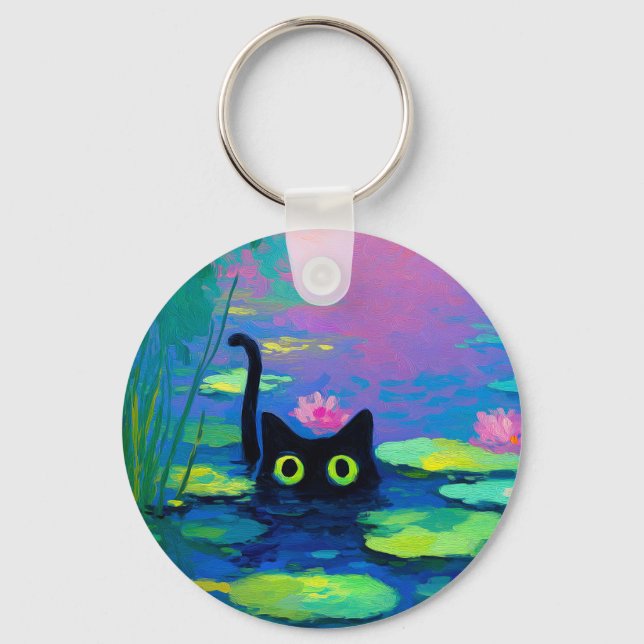Chaveiro Gato Negro Engraçado Nadando Pond | Quirky Art (Frente)
