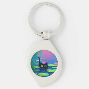 Chaveiro Gato Negro Engraçado Nadando Pond Quirky Art