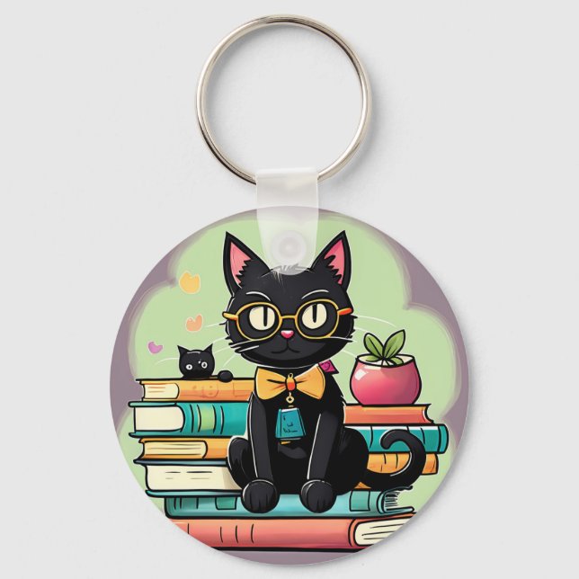 Chaveiro Gato negro sentado sobre uma pilha de livros (Frente)