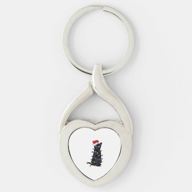 Chaveiro Gato Papai Noel preto com luzes de natal (Frente)