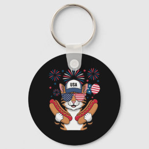 Chaveiro Gato Patriótico Engraçado Hotdog Bandeira American