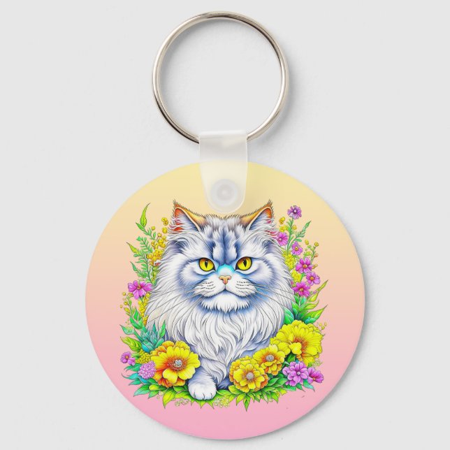 Chaveiro Gato Persa em Flores Personalizado (Frente)
