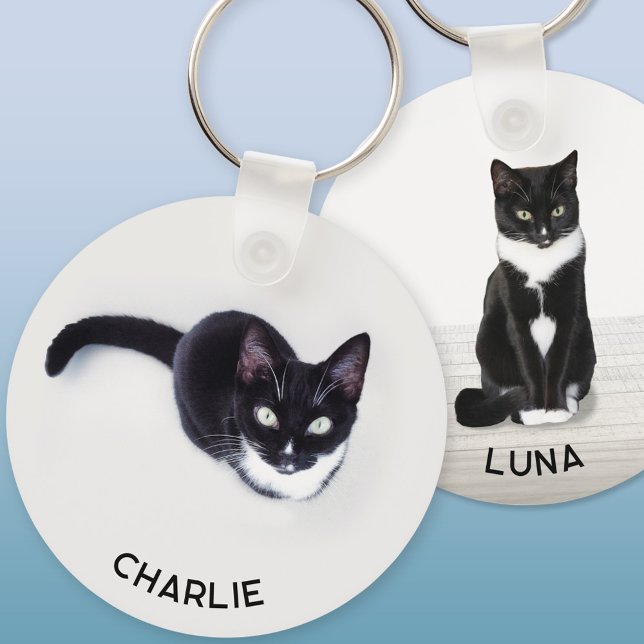 Chaveiro Gato Pet Dois Foto Personalizado (Personalized custom name pet cat double sided two photo keychain for animal lovers)