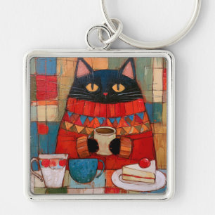 Chaveiro Gato Preto Aconchegante Bebendo Café No Café